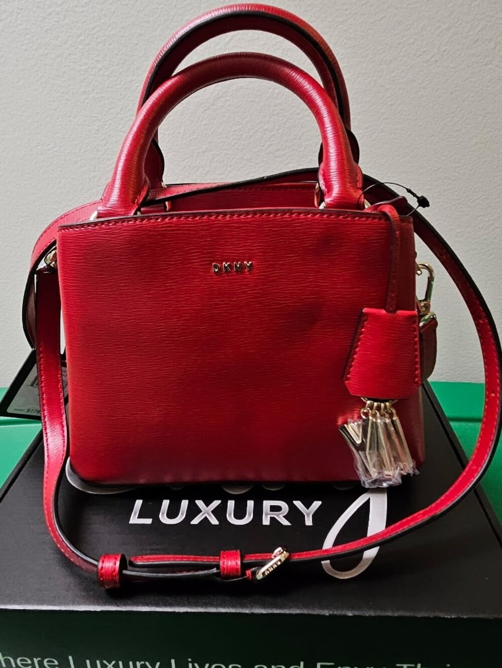 DKNY Red Structured Leather Satchel with Tassel Charm